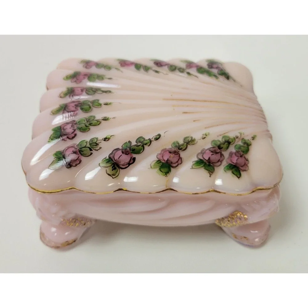 Vtg Cambridge Glass Crown Tuscan Trinket Cigarette Box Seashell Pink Roses
